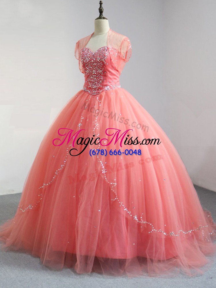 wholesale floor length watermelon red quinceanera dress tulle sleeveless beading