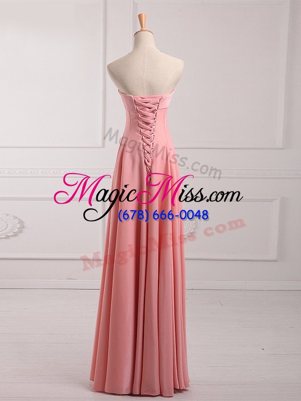 wholesale best selling watermelon red empire ruching bridesmaid dress lace up chiffon sleeveless floor length