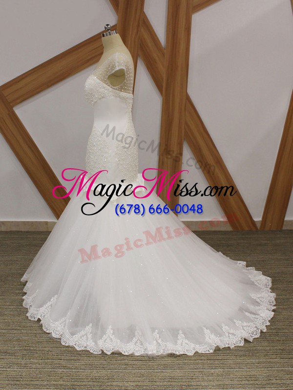 wholesale edgy cap sleeves tulle brush train lace up wedding dresses in white with beading and appliques