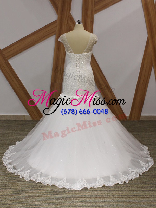 wholesale edgy cap sleeves tulle brush train lace up wedding dresses in white with beading and appliques
