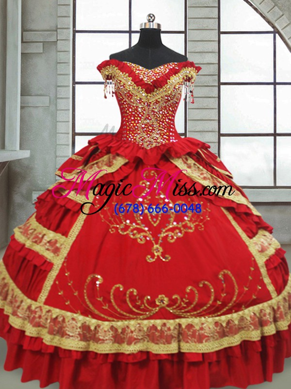 wholesale latest satin and taffeta off the shoulder cap sleeves zipper beading and embroidery and ruffled layers sweet 16 dress in red