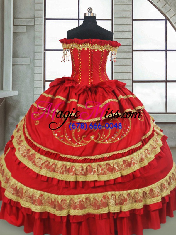 wholesale latest satin and taffeta off the shoulder cap sleeves zipper beading and embroidery and ruffled layers sweet 16 dress in red