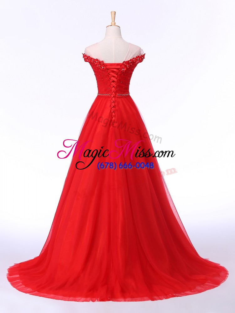 wholesale simple red sleeveless tulle brush train lace up womens evening dresses for prom and party and military ball and sweet 16