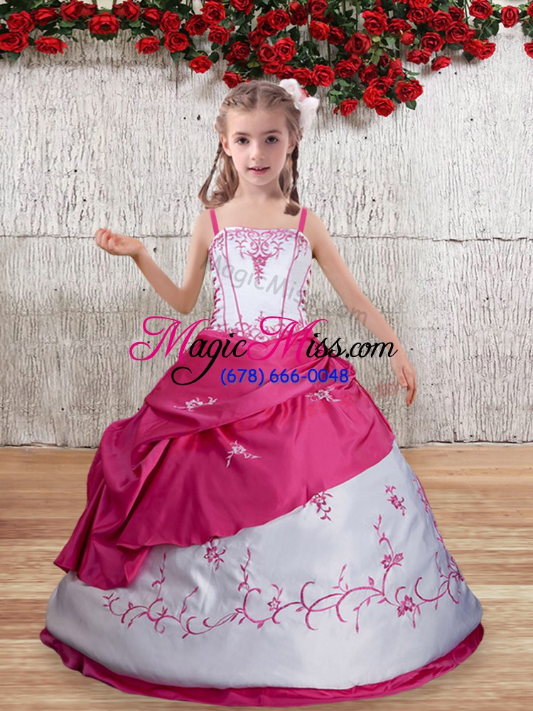 wholesale affordable taffeta straps sleeveless lace up embroidery pageant gowns for girls in hot pink