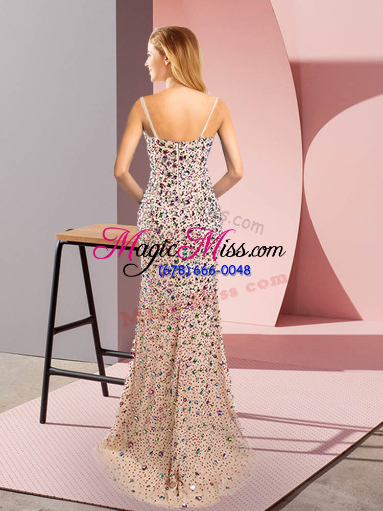 wholesale graceful champagne tulle zipper straps sleeveless prom evening gown brush train beading