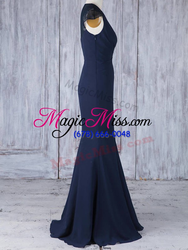 wholesale navy blue chiffon side zipper v-neck cap sleeves floor length quinceanera dama dress lace