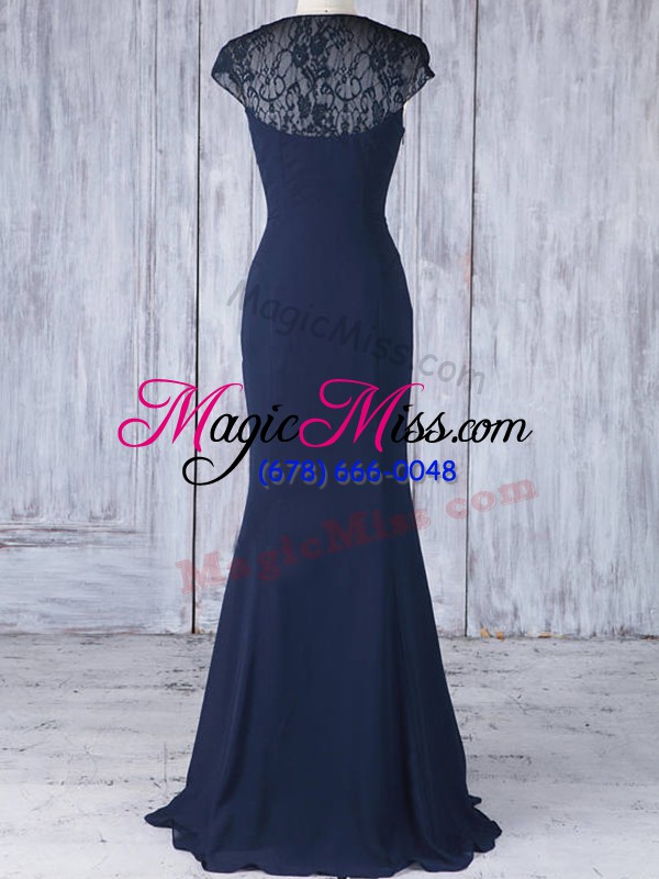 wholesale navy blue chiffon side zipper v-neck cap sleeves floor length quinceanera dama dress lace