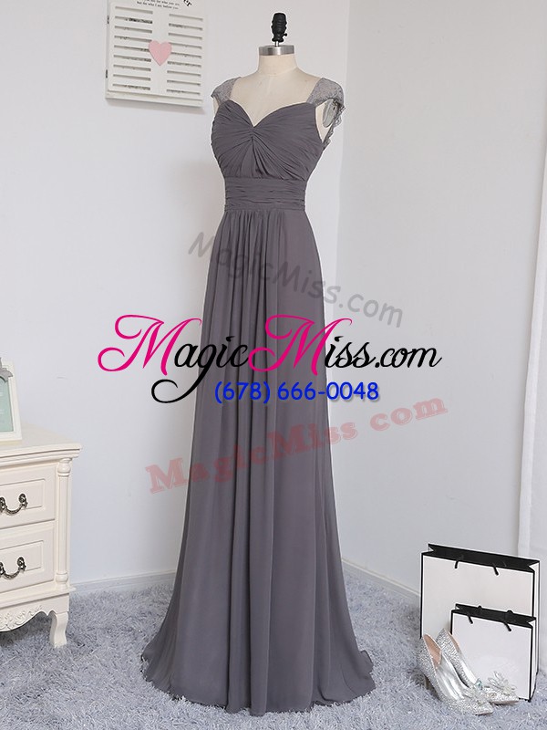 wholesale cap sleeves chiffon brush train zipper wedding guest dresses in grey with lace and ruching