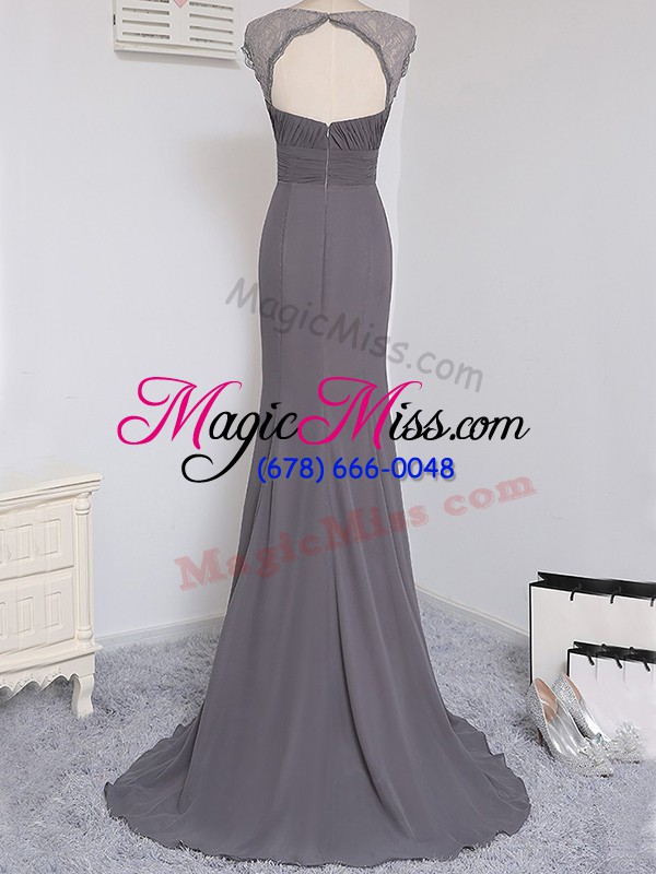 wholesale cap sleeves chiffon brush train zipper wedding guest dresses in grey with lace and ruching