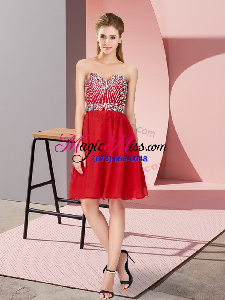 wholesale sleeveless chiffon knee length lace up prom party dress in red with beading