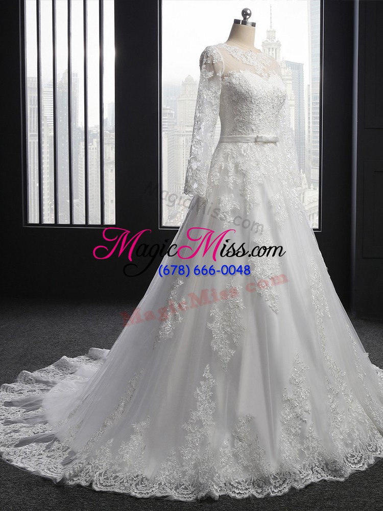 wholesale attractive white wedding dresses scoop long sleeves brush train lace up