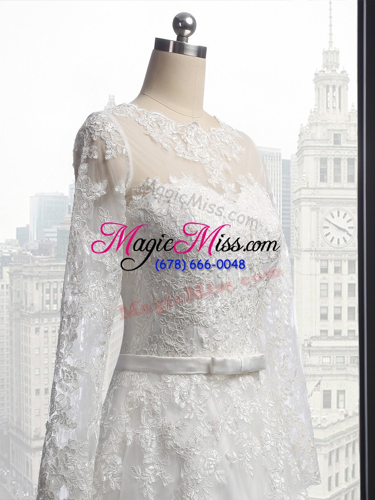 wholesale attractive white wedding dresses scoop long sleeves brush train lace up