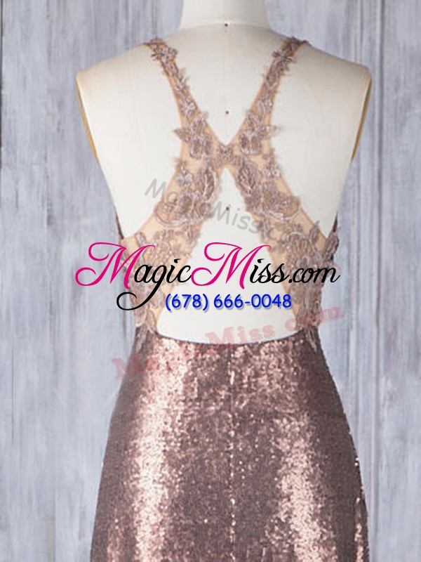 wholesale clearance scoop sleeveless bridesmaid dresses floor length appliques brown sequined