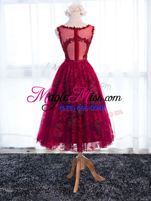 wholesale custom designed fuchsia zipper bridesmaid gown lace sleeveless tea length