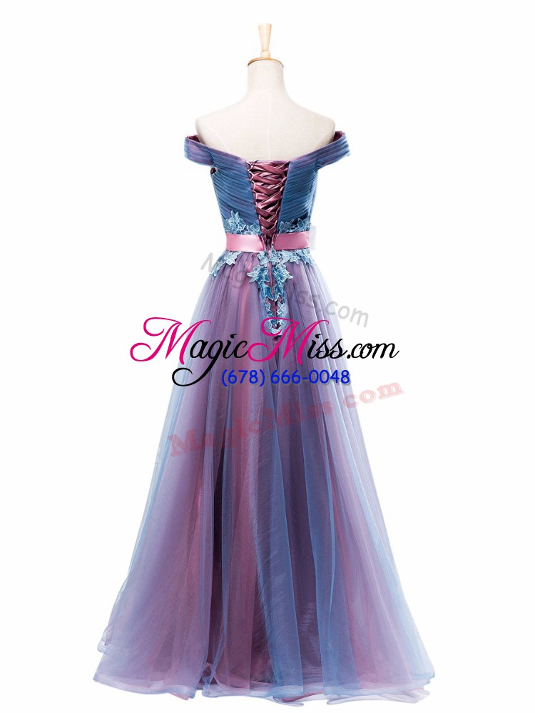 wholesale sleeveless appliques and ruching and belt lace up prom party dress
