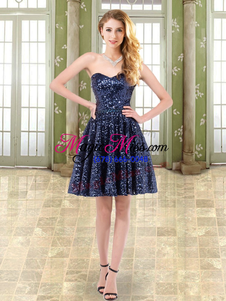 wholesale artistic tulle and sequined sweetheart sleeveless lace up beading prom gown in navy blue