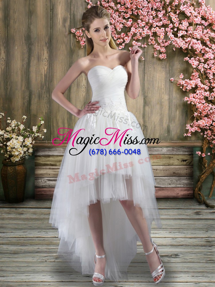 wholesale luxurious high low white wedding gown sweetheart sleeveless lace up
