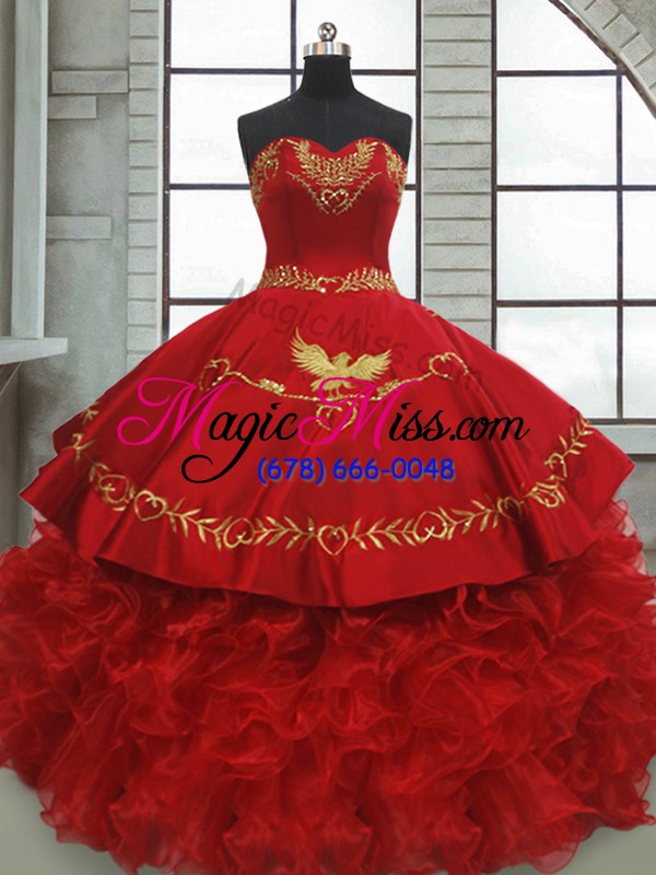 wholesale dramatic wine red ball gowns beading and embroidery and ruffles quinceanera dresses lace up satin and organza sleeveless
