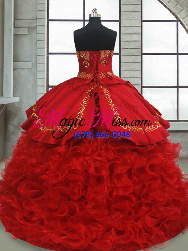 wholesale dramatic wine red ball gowns beading and embroidery and ruffles quinceanera dresses lace up satin and organza sleeveless