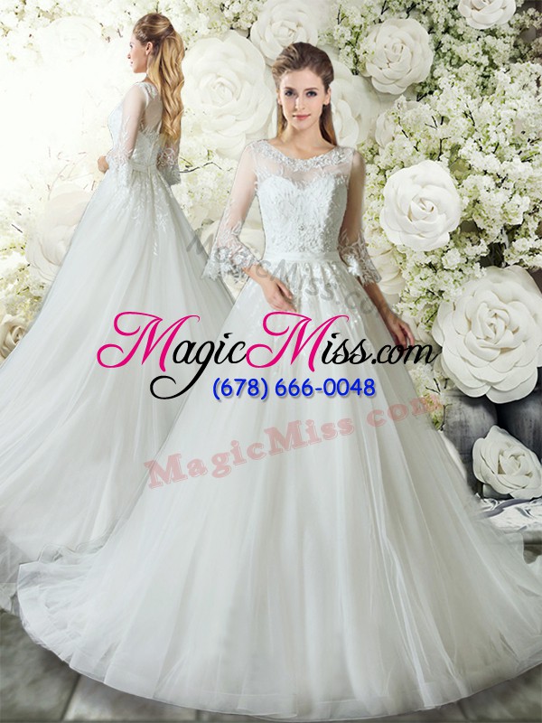 wholesale 3 4 length sleeve lace zipper bridal gown with white court train