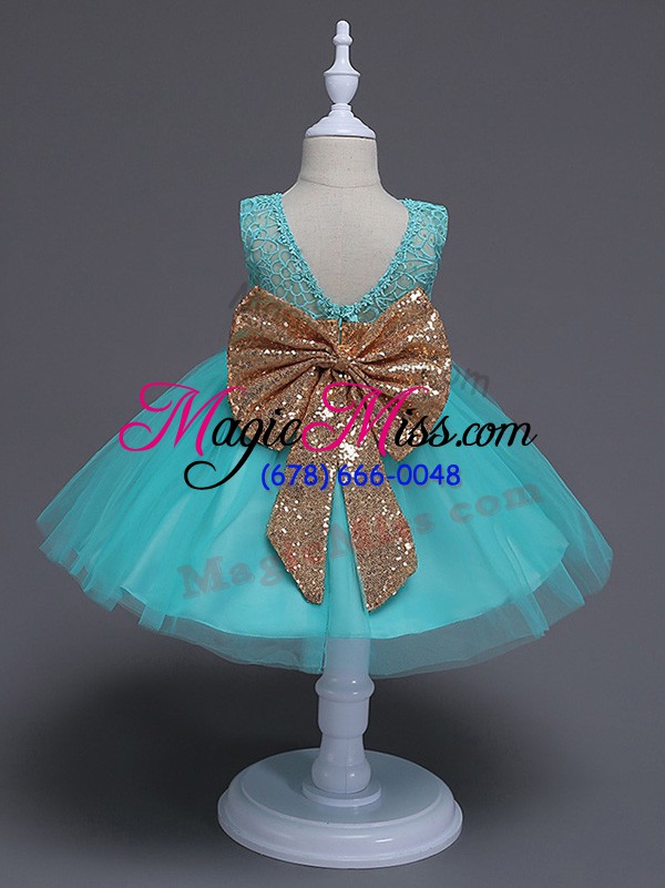 wholesale lace and bowknot flower girl dress aqua blue zipper sleeveless knee length
