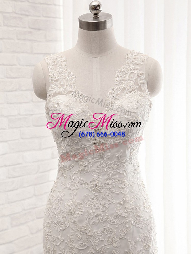 wholesale brush train mermaid wedding dress white v-neck tulle sleeveless clasp handle