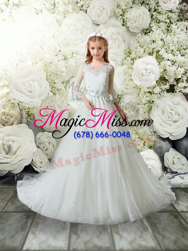 wholesale romantic white a-line lace toddler flower girl dress clasp handle tulle 3 4 length sleeve