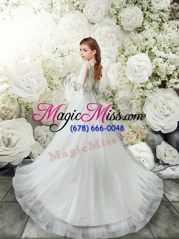 wholesale romantic white a-line lace toddler flower girl dress clasp handle tulle 3 4 length sleeve