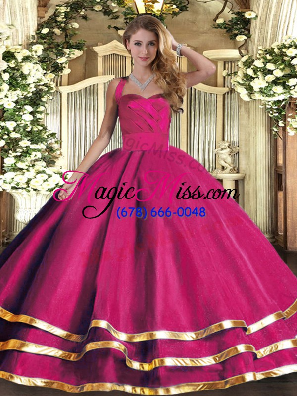 wholesale halter top sleeveless vestidos de quinceanera floor length ruffled layers hot pink tulle