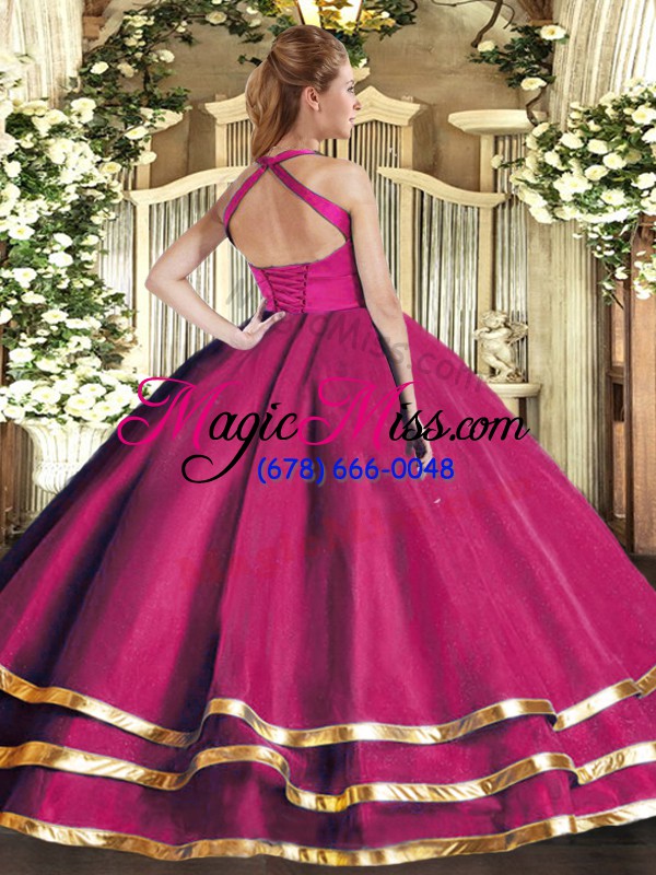wholesale halter top sleeveless vestidos de quinceanera floor length ruffled layers hot pink tulle