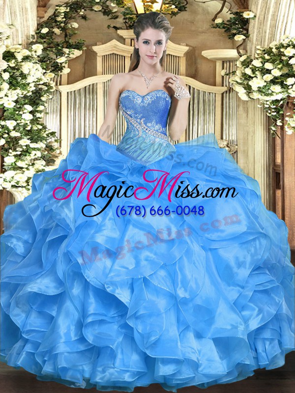 wholesale custom made baby blue sleeveless floor length beading and ruffles lace up quinceanera gowns