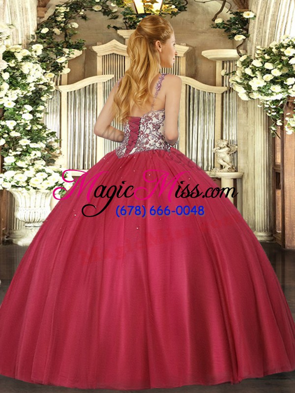 wholesale sleeveless tulle floor length lace up ball gown prom dress in coral red with beading and appliques