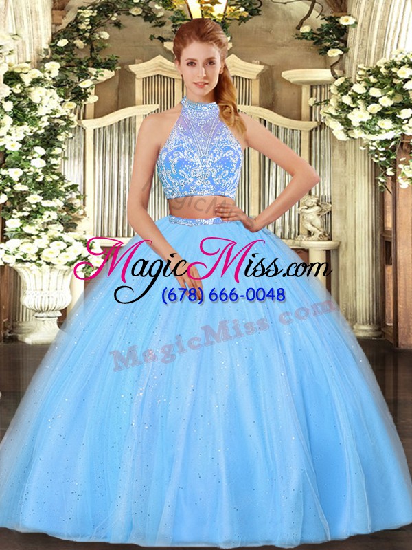 wholesale exceptional aqua blue sleeveless floor length beading criss cross ball gown prom dress