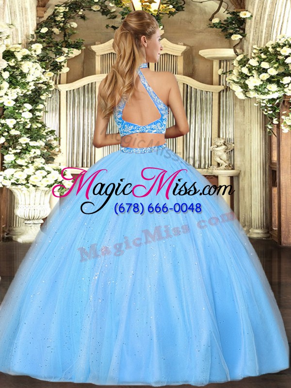 wholesale exceptional aqua blue sleeveless floor length beading criss cross ball gown prom dress