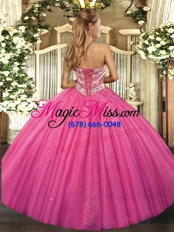 wholesale dynamic tulle sweetheart sleeveless lace up beading quince ball gowns in fuchsia