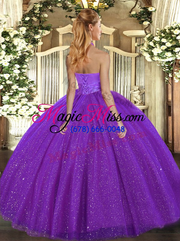 wholesale superior sleeveless tulle floor length lace up quinceanera gowns in fuchsia with sequins