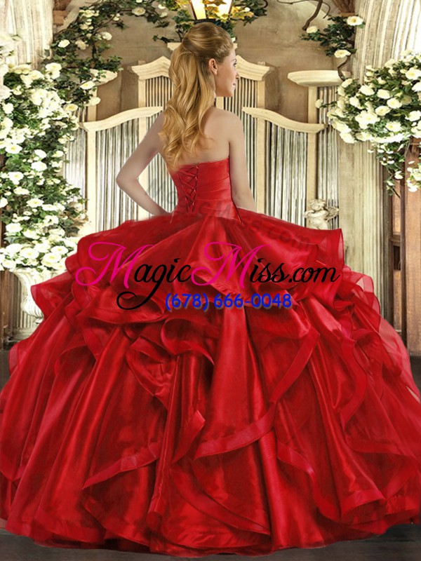 wholesale fuchsia ball gowns strapless sleeveless organza floor length lace up ruffles ball gown prom dress