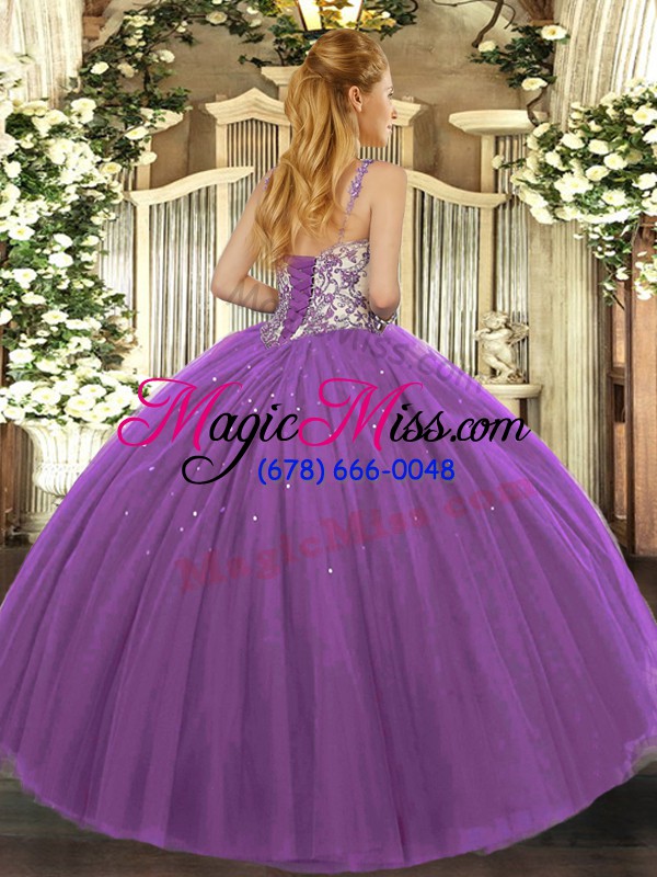 wholesale purple ball gowns tulle straps sleeveless beading and appliques floor length lace up quinceanera gowns