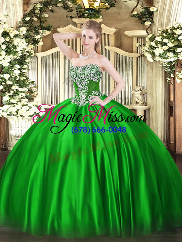 wholesale free and easy green ball gowns strapless sleeveless satin floor length lace up beading sweet 16 dresses
