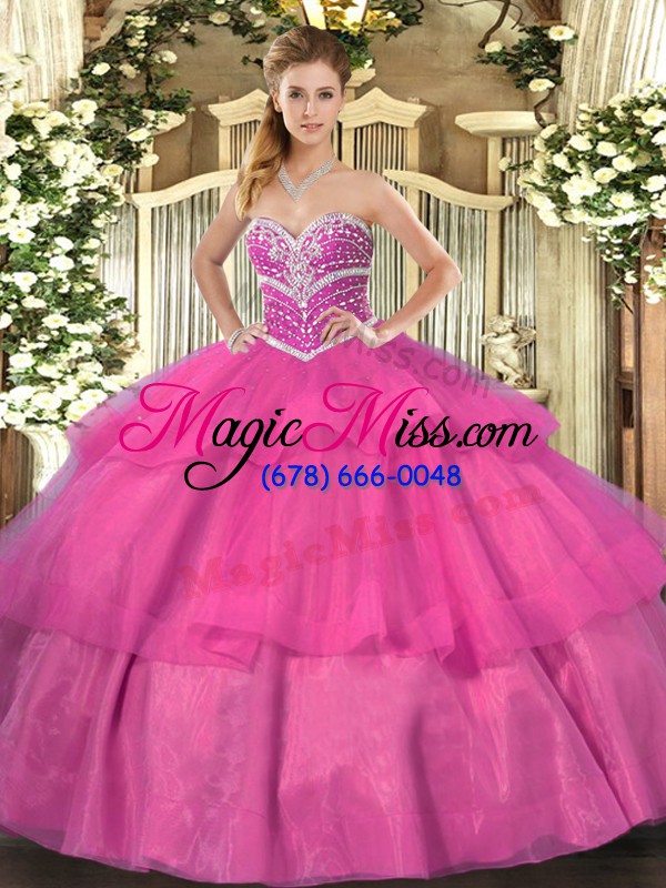 wholesale free and easy hot pink tulle lace up sweetheart sleeveless floor length quinceanera dresses beading and ruffled layers