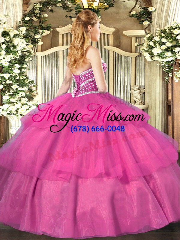wholesale free and easy hot pink tulle lace up sweetheart sleeveless floor length quinceanera dresses beading and ruffled layers
