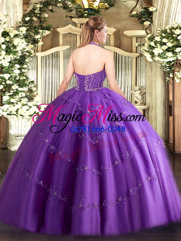 wholesale vintage halter top sleeveless tulle quinceanera dress beading and appliques lace up