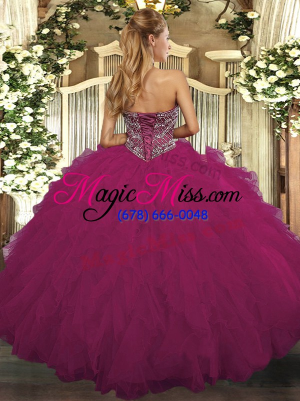 wholesale comfortable floor length lace up quinceanera dresses fuchsia for military ball and sweet 16 and quinceanera with beading and ruffled layers