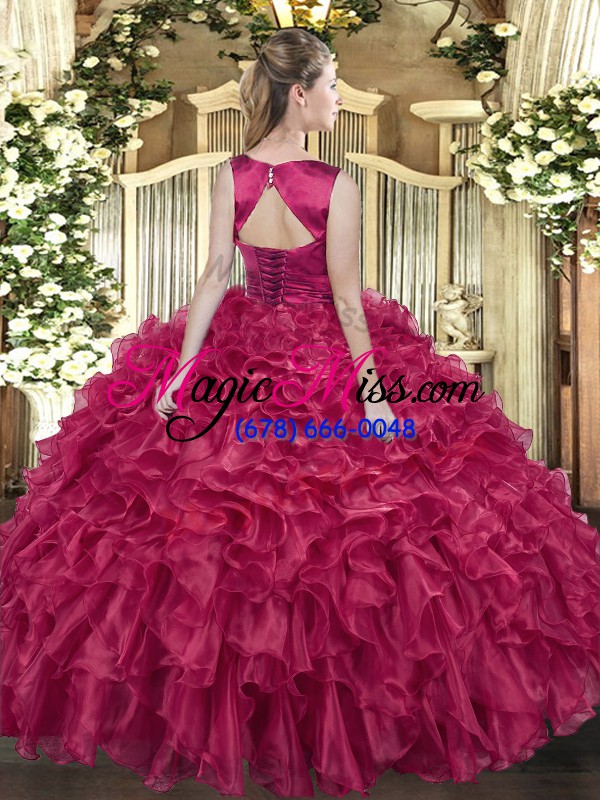 wholesale sleeveless organza floor length lace up ball gown prom dress in fuchsia with ruffles