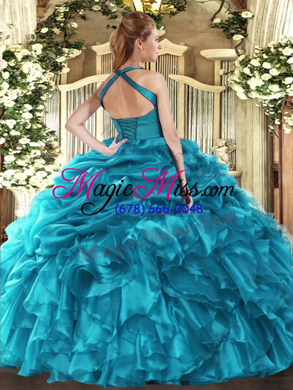 wholesale glamorous baby blue halter top lace up ruffles and pick ups sweet 16 quinceanera dress sleeveless