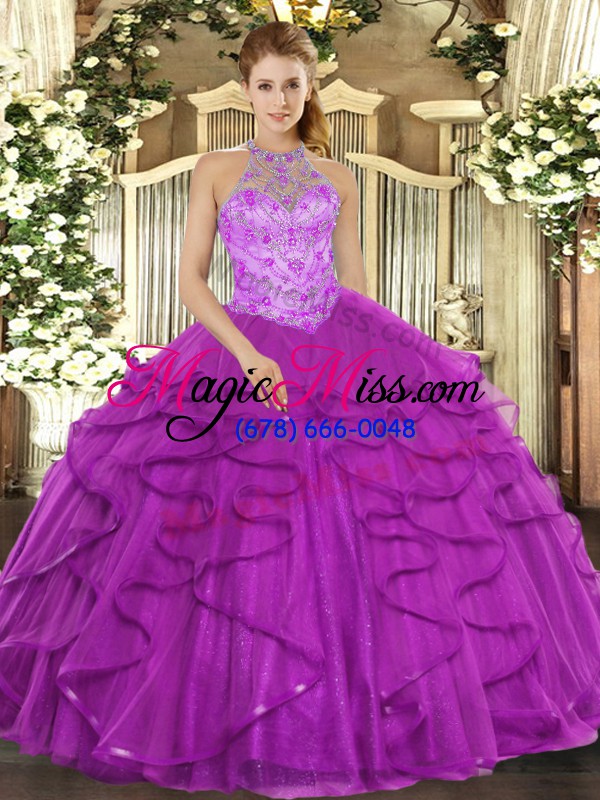 wholesale halter top sleeveless quinceanera gowns floor length beading and ruffles purple organza