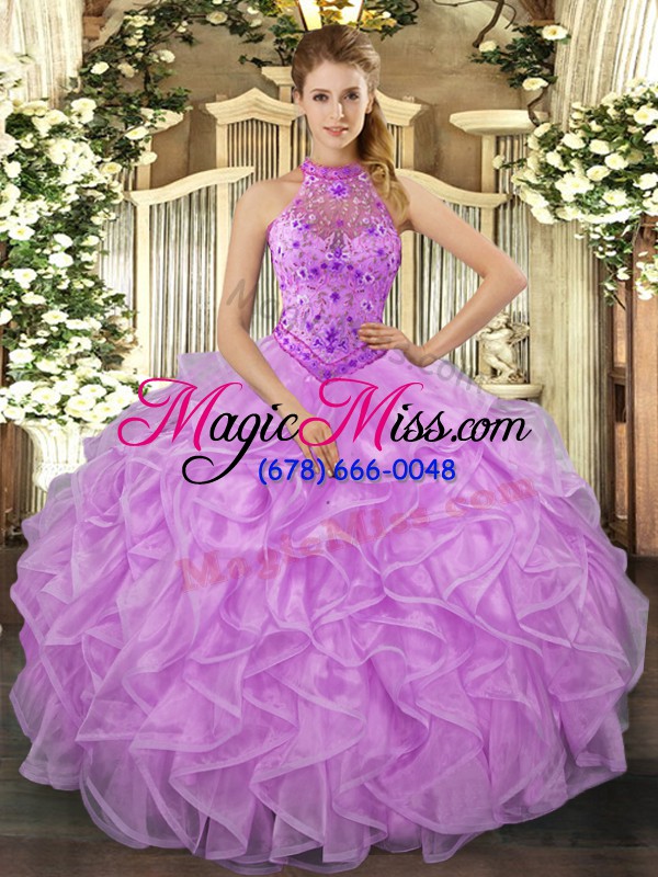 wholesale custom design lavender halter top lace up beading and ruffles 15 quinceanera dress sleeveless