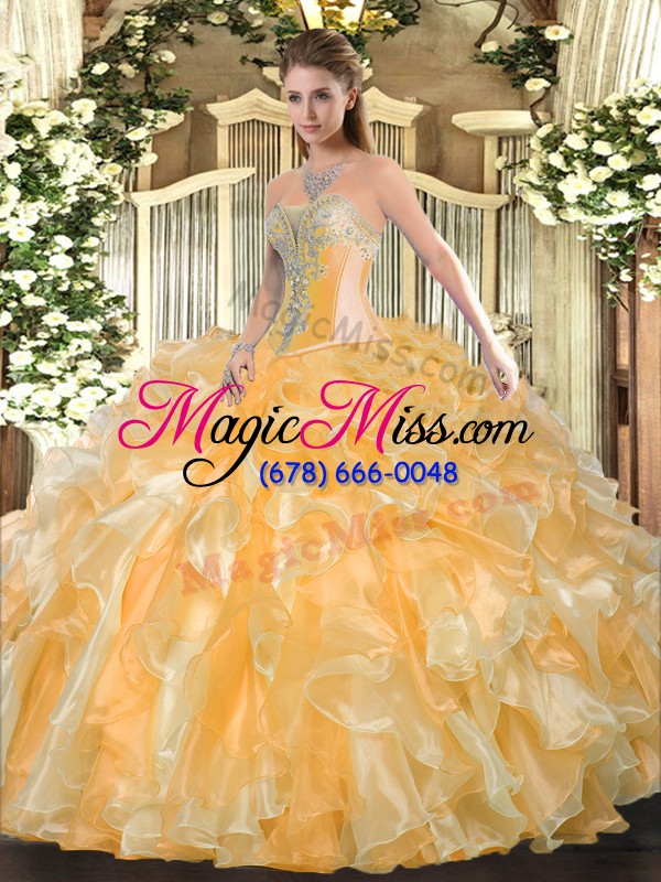 wholesale deluxe gold sleeveless organza lace up ball gown prom dress for military ball and sweet 16 and quinceanera