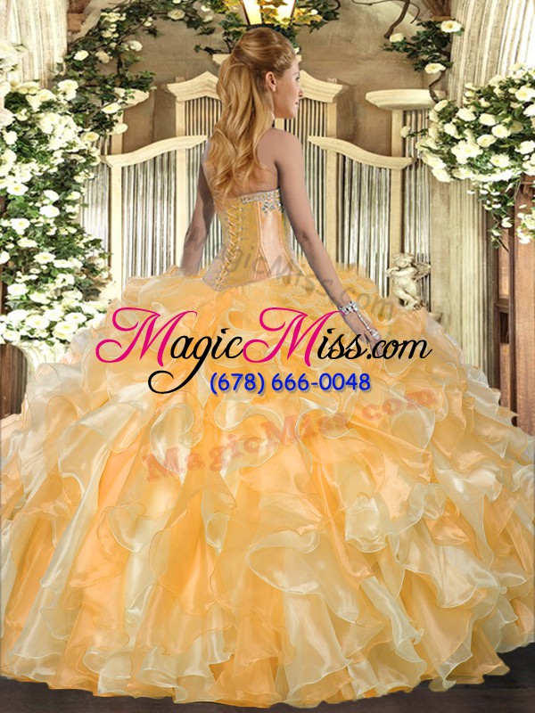 wholesale deluxe gold sleeveless organza lace up ball gown prom dress for military ball and sweet 16 and quinceanera