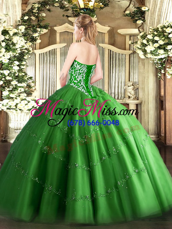 wholesale floor length teal quinceanera gown tulle sleeveless beading and appliques